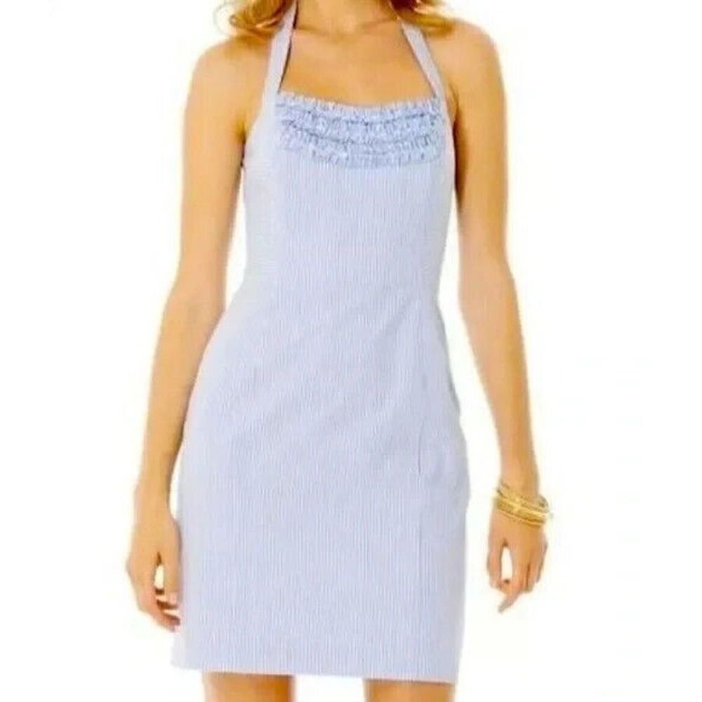 NWT Lilly Pulitzer Maureen Ruffle Halter Dress Blue Lucky Seersucker 2 0 Stripe